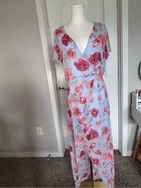 Charlotte Russe Light Blue Wrap Midi Dress with Pink Floral Print